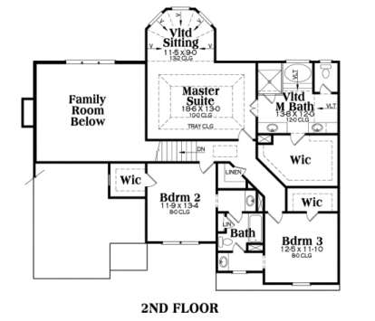 2nd floor with master suite, vaulted sitting area, vaulted bath, 2 WICs, 2 additional beds, bath, and linen closet. House Plan # 009-00049 Second Floor Floor Plan Drawing by America's Best House Plans, Inc.