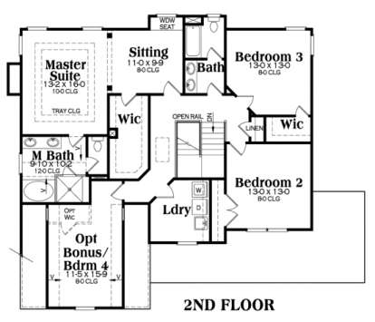 2nd floor with master suite, sitting area, 2 bedrooms, shared bath, laundry, and optional bonus room or 4th bedroom. House Plan # 009-00051 Second Floor Floor Plan Drawing by America's Best House Plans, Inc.
