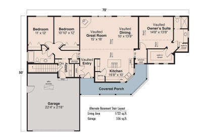 Main Floor w/ Basement Stairs Location for House Plan #035-00079