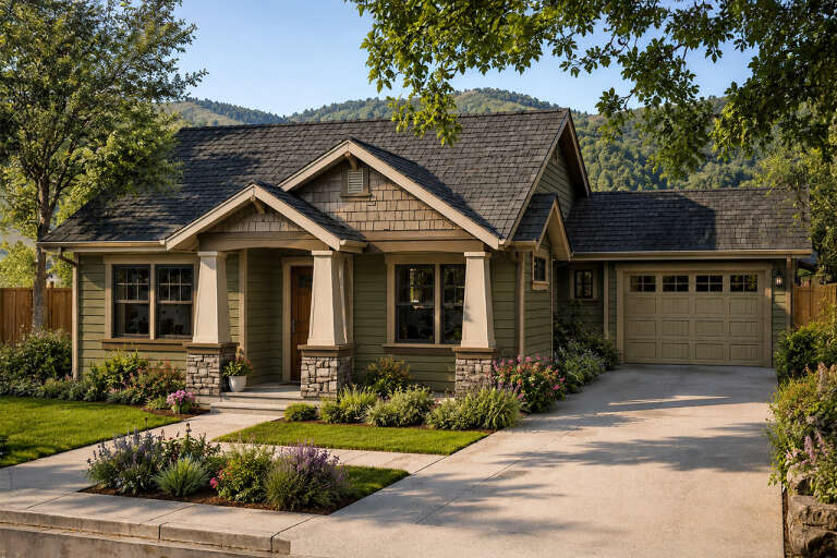 Olive Green Craftsman, Angled Front Elevation, stone base, tapered columns, shake siding, concrete drive, lush garden. House Plan # 035-00080 Digital Rendering by America's Best House Plans, Inc.