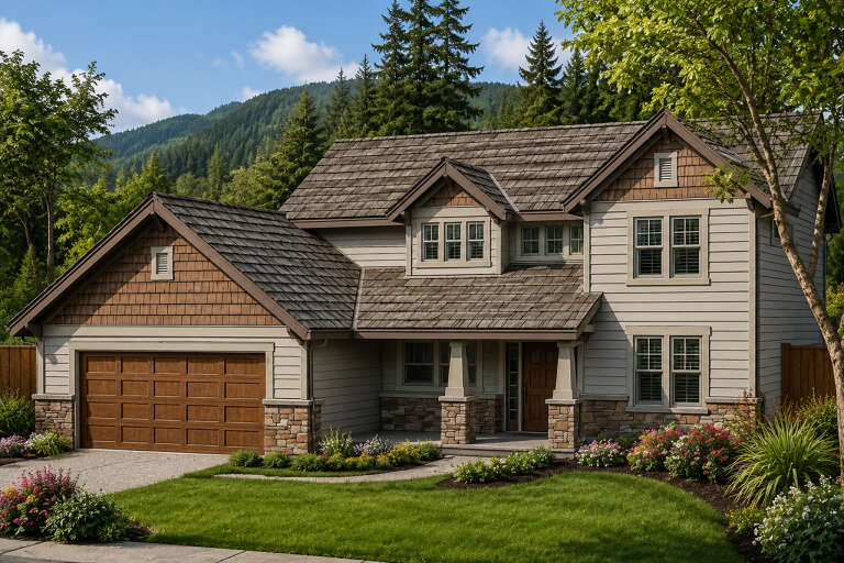 Tan Craftsman, Angled Front Elevation, wood shake roof, lap siding, stone base, tapered columns, and lush landscaping. House Plan # 035-00116 Digital Rendering by America's Best House Plans, Inc.