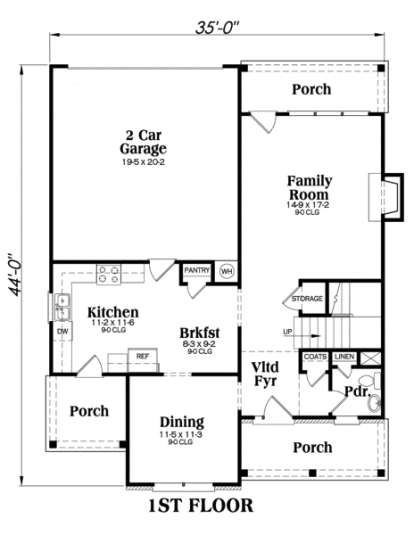 1st floor with 2-car garage, kitchen, breakfast area, family room, dining room, powder room, and covered porches. House Plan # 009-00060 Main Floor Floor Plan Drawing by America's Best House Plans, Inc.