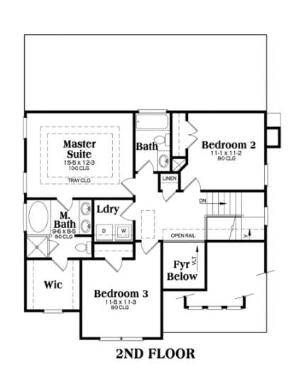 2nd floor with master suite, tray ceiling, WIC, bath, 2 additional bedrooms, shared bath, laundry, and open rail. House Plan # 009-00060 Second Floor Floor Plan Drawing by America's Best House Plans, Inc.