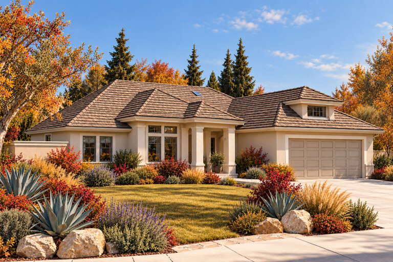 Front view of a beige Ranch house, hipped roof, covered entryway, multi-paned windows, and lush autumn landscaping. House Plan # 035-00136