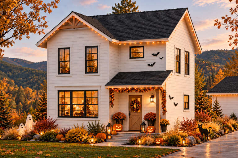 Angled front view of a white house in Farmhouse style, black windows, gabled roof, Halloween decor, and lit porch. House Plan # 035-00167