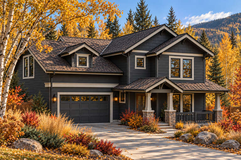 Angled front view of a dark gray house in Craftsman style, stone base, covered porch, gabled roof, and autumn landscape. House Plan # 035-00208