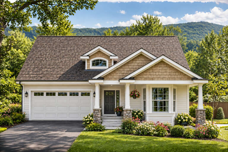 Front view of a beige Country house, shingle siding, stone porch columns, gabled roof, and lush garden landscaping. House Plan # 035-00232