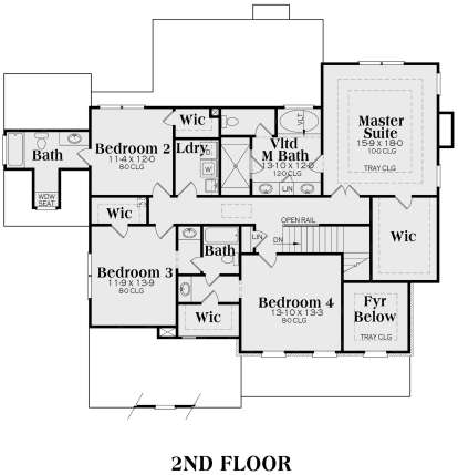 Upper level with 4 beds, 3 baths, laundry, WICs, open rail, and view to foyer below. House Plan # 009-00073 Second Floor Floor Plan Drawing by America's Best House Plans, Inc.