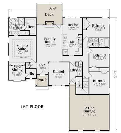 4BR, 2BA main level with master suite, sitting room, family room, kitchen, breakfast area, laundry, and 2-car garage. House Plan # 009-00074 Main Floor Floor Plan Drawing by America's Best House Plans, Inc.