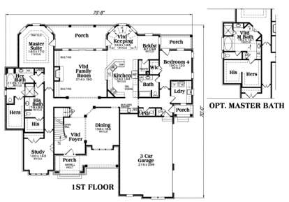 1st floor with master suite, study, vaulted family room, kitchen, keeping room, dining, 3-car garage, and porches. House Plan # 009-00077 Main Floor Floor Plan Drawing by America's Best House Plans, Inc.