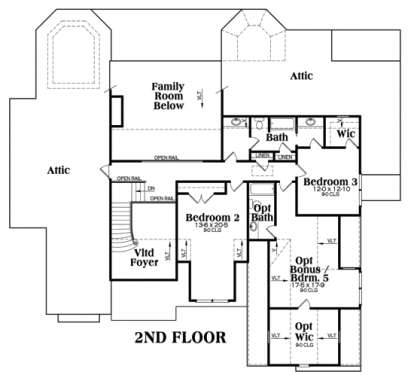 2nd floor with 2 beds, 2 baths, bonus room, attic storage, and open-to-below family room area. House Plan # 009-00077 Second Floor Floor Plan Drawing by America's Best House Plans, Inc.