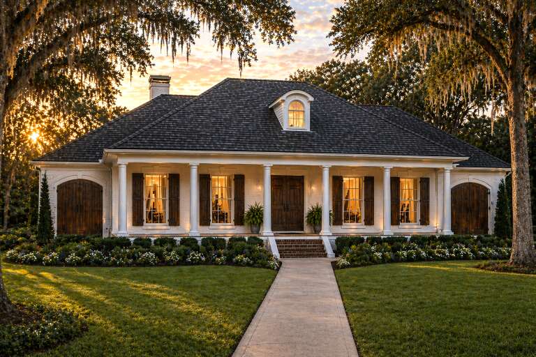 House Plan House Plan #9466 Angled Front Elevation at Dusk