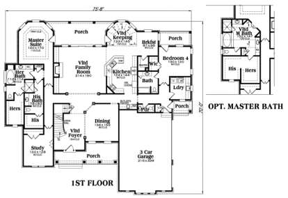 Main floor with master suite, keeping room, kitchen, family room, dining, study, 3-car garage, and multiple porches. House Plan # 009-00079 Main Floor Floor Plan Drawing by America's Best House Plans, Inc.