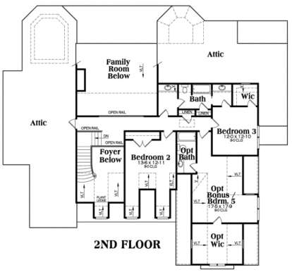 Second floor with 2 beds, optional bonus room/bed 5, bath, attic storage, and open-to-below areas. House Plan # 009-00079 Second Floor Floor Plan Drawing by America's Best House Plans, Inc.